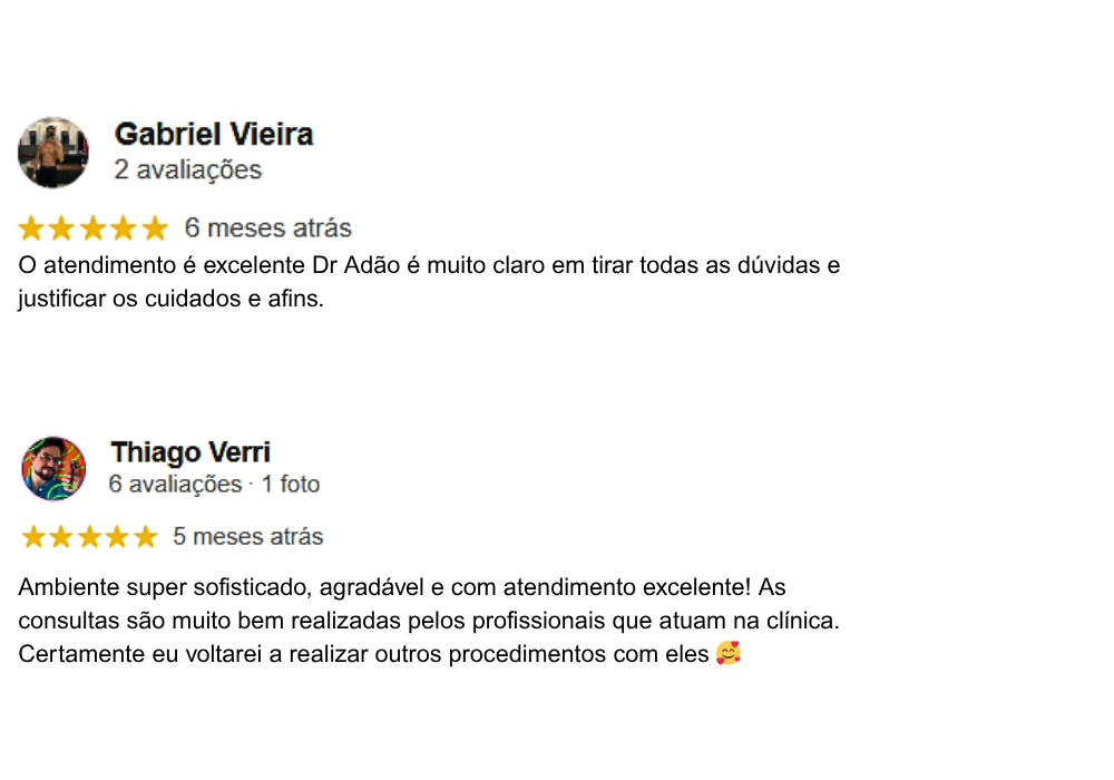 O atendimento é excelente Dr Adão é muito claro em tirar todas as dúvidas e justificar os cuidados e afins. (3)
