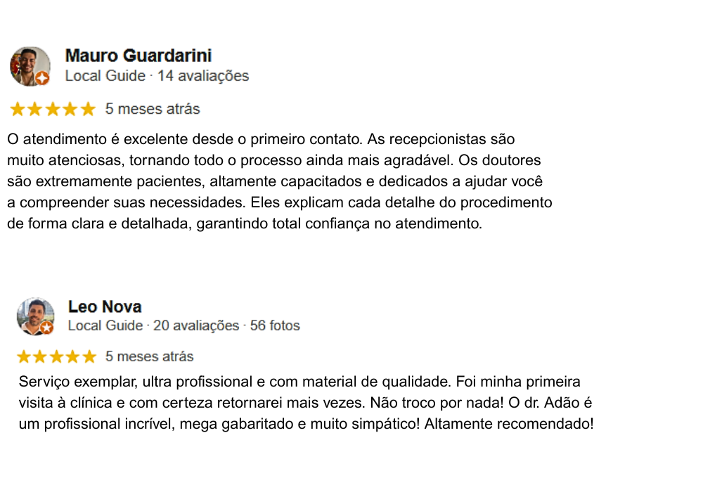 O atendimento é excelente Dr Adão é muito claro em tirar todas as dúvidas e justificar os cuidados e afins. (4)
