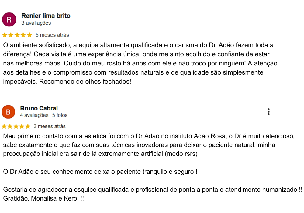 O atendimento é excelente Dr Adão é muito claro em tirar todas as dúvidas e justificar os cuidados e afins. (5)